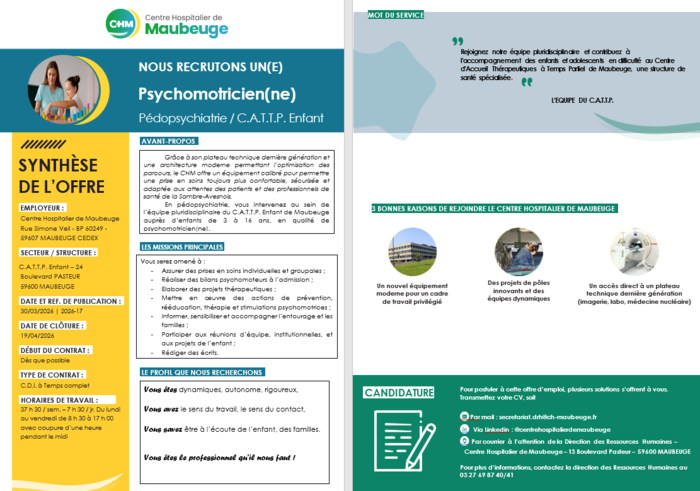 offre emploi psychomotricien(ne) CATTP Maubeuge