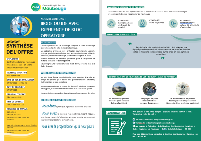 offre d\'emploi IBODEou IDE bloc operatoire
