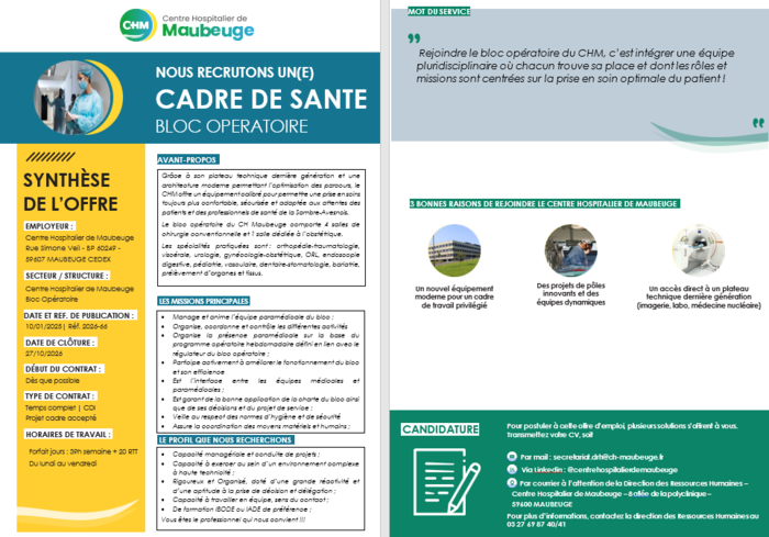 offre d\'emploi cadre de sante bloc operatoire