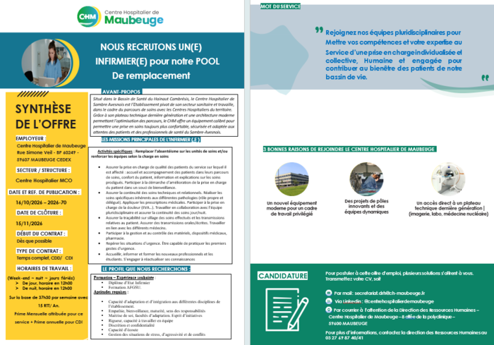 offre d\'emploi infirmier(e) pool de remplacement